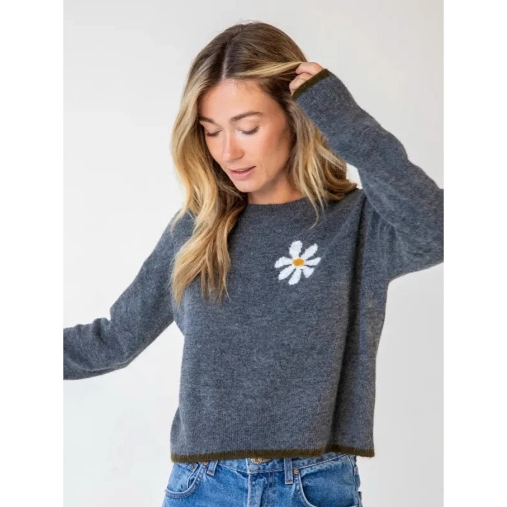Natural Life Intarsia Icon Sweater M Charcoal Daisy Boxy Pullover Crew Neck Cozy - Picture 2 of 10